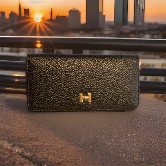 Halston Handbags - Halston Black Pebbled Leather Zip Around Continental Wallet Clutch Organizer